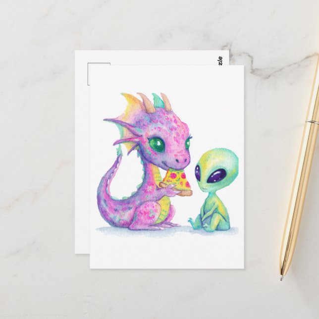 Cute Purple Dragon Baby Eating Pizza With Alien Postcard (Front/Back In Situ)