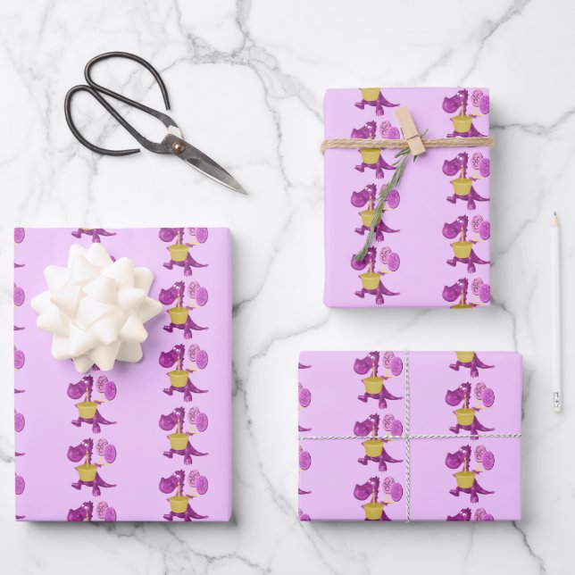 Cute Purple Dragon With Cupcake And Balloons   Wrapping Paper Sheet (Front)