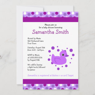 Cute Purple Ducky on Blue Dots Baby Shower Invite