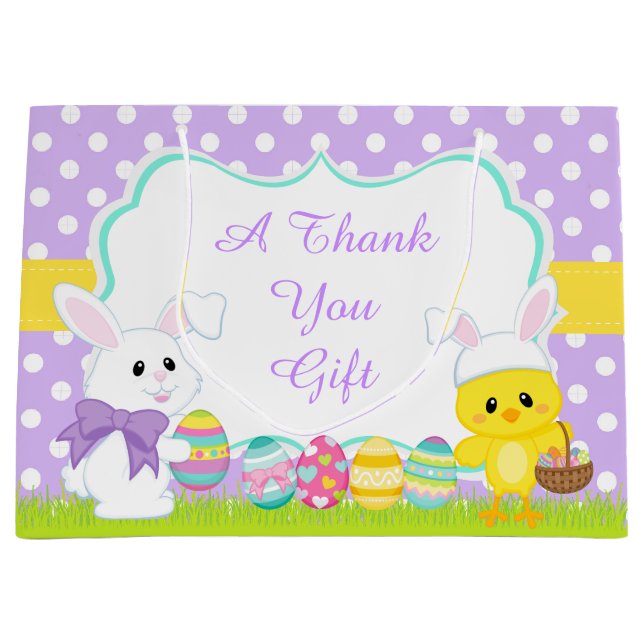 Cute Purple Easter Bunny and Chick Easter Egg Hunt Large Gift Bag (Front)