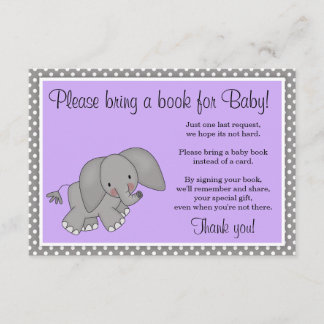 Cute Purple Elephant Girl Baby Shower Book Request Enclosure Card