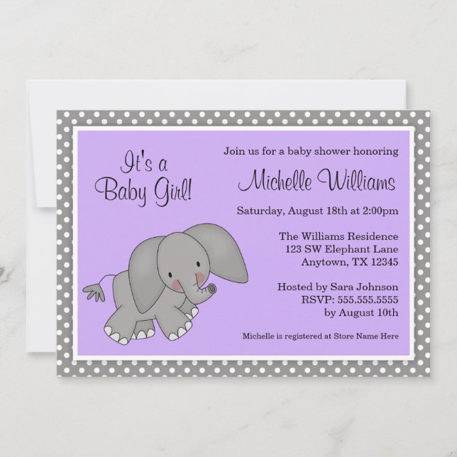 Cute Purple Elephant Girl Baby Shower Invitations (Front)