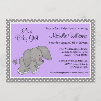 Cute Purple Elephant Girl Baby Shower Invitations
