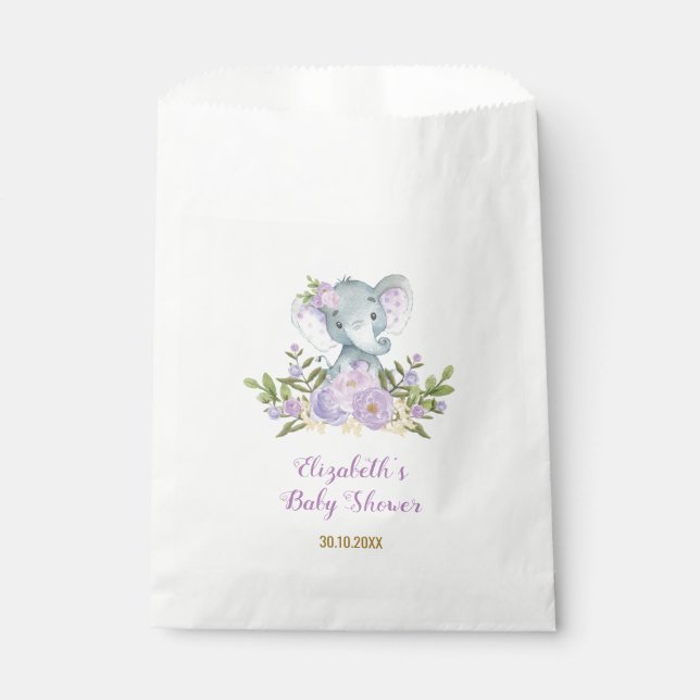 Cute Purple Elephant / Lavender Watercolor Floral Favour Bags (Front)