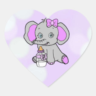 Cute Purple Elephant with baby bottle Heart Sticker