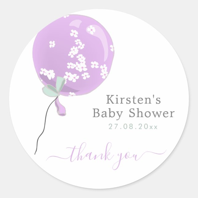 Cute Purple Floral Balloon - Baby Shower Thank You Classic Round Sticker (Front)