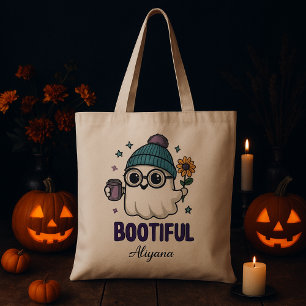 Cute Purple Floral Boo-tiful Ghost Halloween Tote Bag