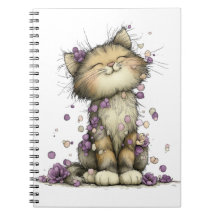 Cute Purple Floral Cat Spiral Notebook, Whimsical 