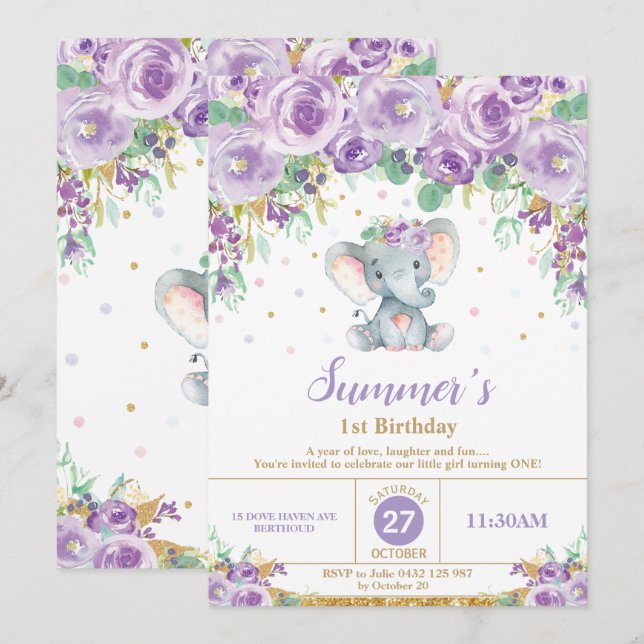 Cute Purple Floral Elephant 1st Birthday Girl Invitation (Front/Back)