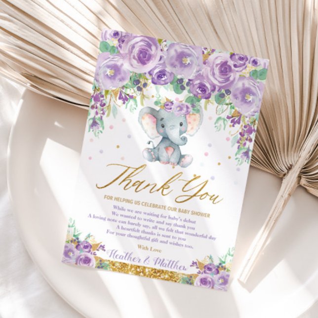 Cute Purple Floral Elephant Baby Shower Baby Girl Thank You Card (Creator Uploaded)