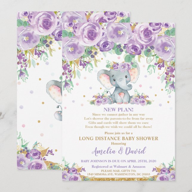 Cute Purple Floral Elephant Baby Shower by Mail Invitation (Front/Back)