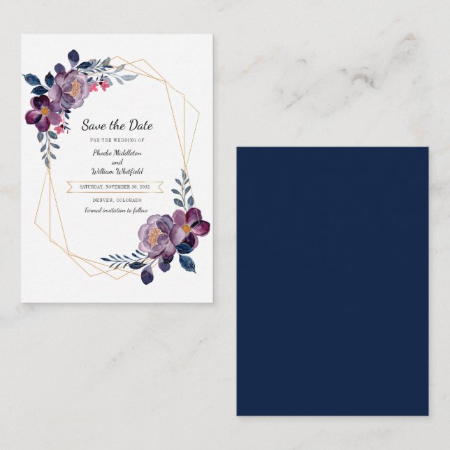 Cute Purple Floral Geometric Save the Date Card (Front/Back)