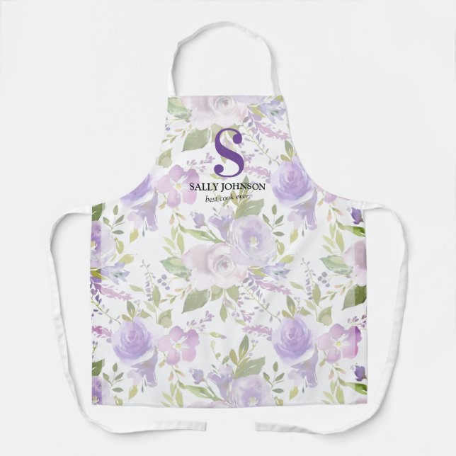 Cute Purple Floral Initial Name Apron (Front)
