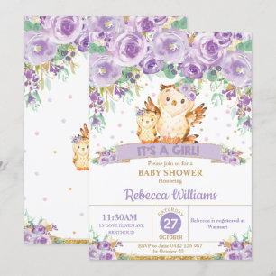 Cute Purple Floral Owl Baby Shower Baby Girl Invitation