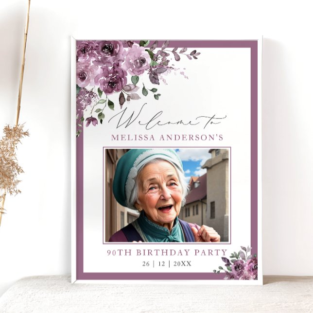 Cute Purple Floral Photo Any Age Birthday Welcome Poster (Creator Uploaded)