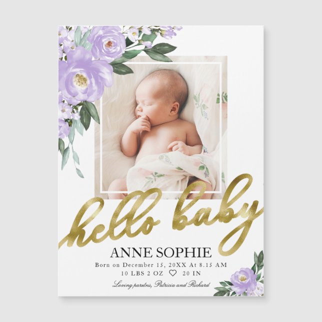 Cute Purple Floral Photo Birth Announcement Cards (Front)