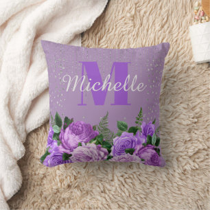 Cute Purple Floral Silver Glitter Monogram  Cushion