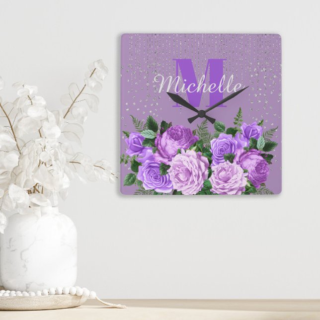 Cute Purple Floral Silver Glitter Monogram   Square Wall Clock (Purple floral monogram wall clock. Personalize with your name and initial)