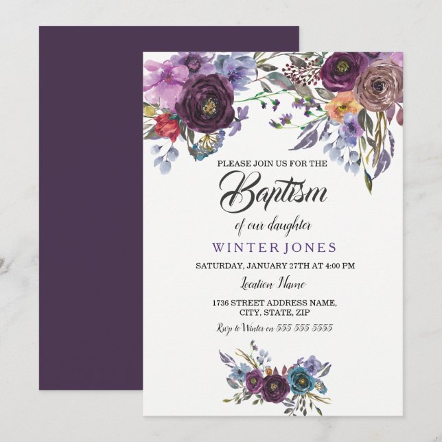 Cute Purple Floral Winter Baby Girl Baptism Invite (Front/Back)