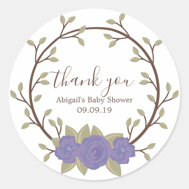 Cute Purple Floral Wreath Baby Shower Classic Round Sticker (Front)