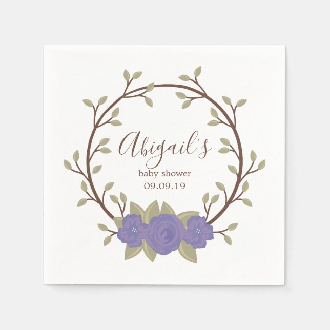 Cute Purple Floral Wreath Baby Shower Napkin (Front)