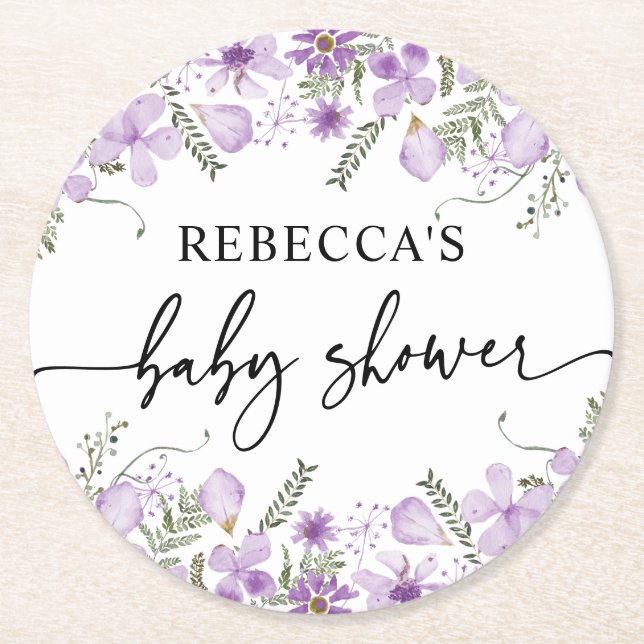 Cute Purple Florals Baby Shower Paper Coasters (Front)