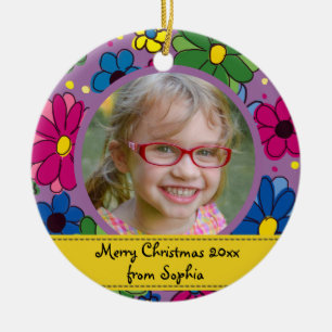 Cute Purple Flower Child's Photo Frame Christmas Ceramic Tree Decoration