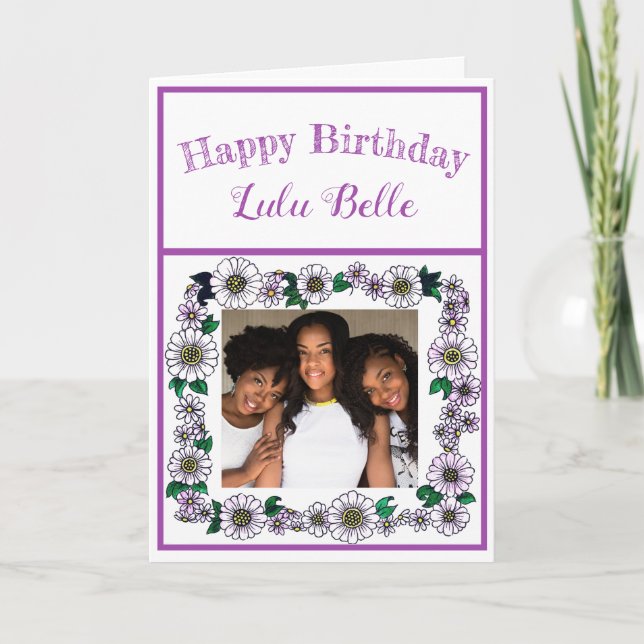 Cute Purple Flower Frame Photo Happy Birthday Card (Front)