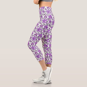 Cute purple flower pattern capri leggings
