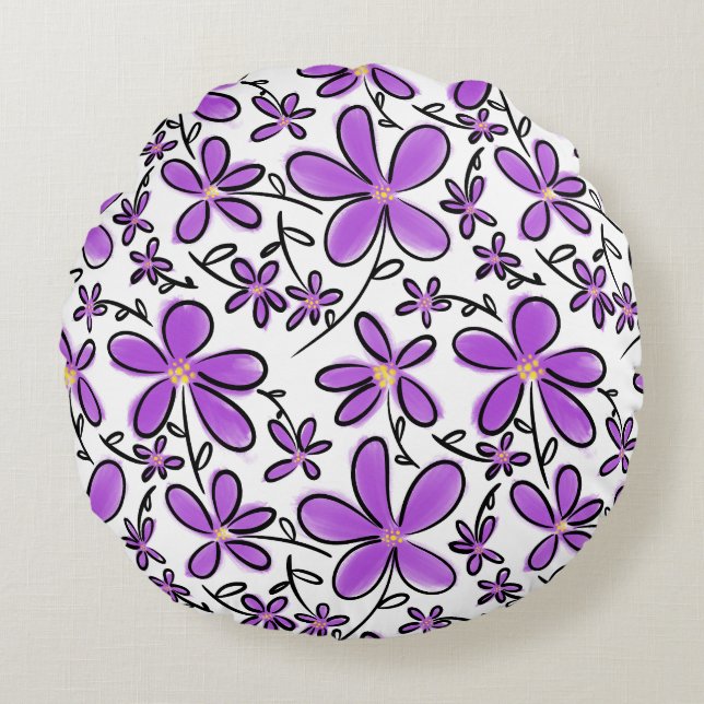 Cute purple flower pattern round cushion (Front)