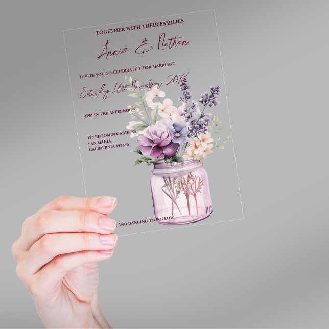 Cute Purple Flowers In Mason Jar Floral Wedding Acrylic Invitations (Cute Purple Flowers In Mason Jar Floral Wedding Acrylic Invitations)
