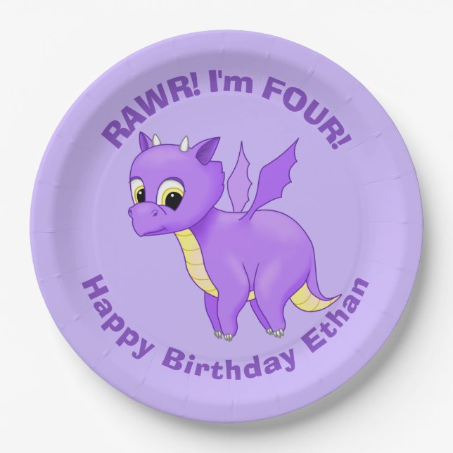 Cute Purple Flying Baby Dragon Paper Plate (Front)