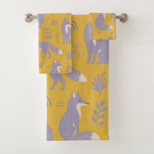Cute Purple Fox and Botanical Pattern Summer Bath Towel Set