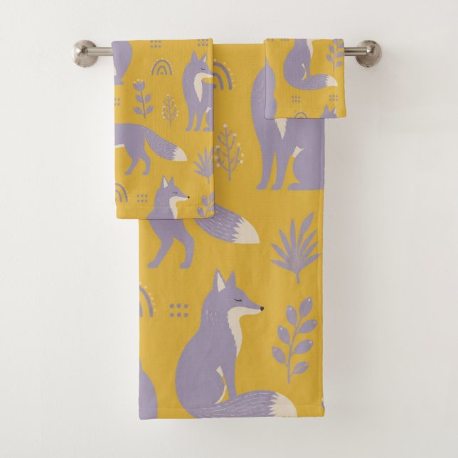 Cute Purple Fox and Botanical Pattern Summer Bath Towel Set (Insitu)