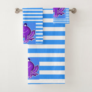 cute purple frog in blue stripes bath towel set