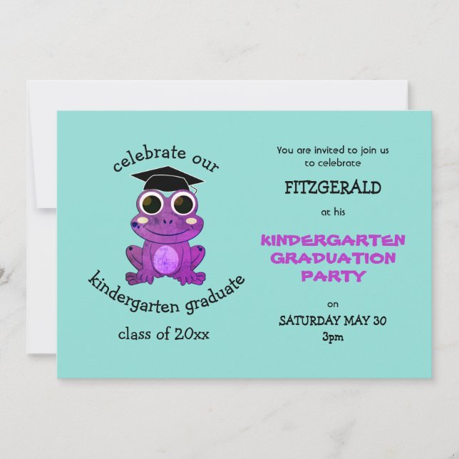 Cute Purple Frog Kindergarten Graduation Party Invitation (Front)