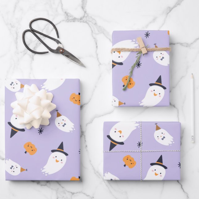 Cute Purple Ghost and Pumpkin Wrapping Paper Sheet (Front)