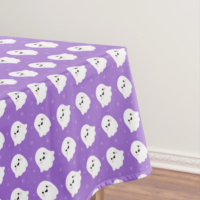Cute Purple Ghost Pattern – Halloween Design Tablecloth (In Situ)