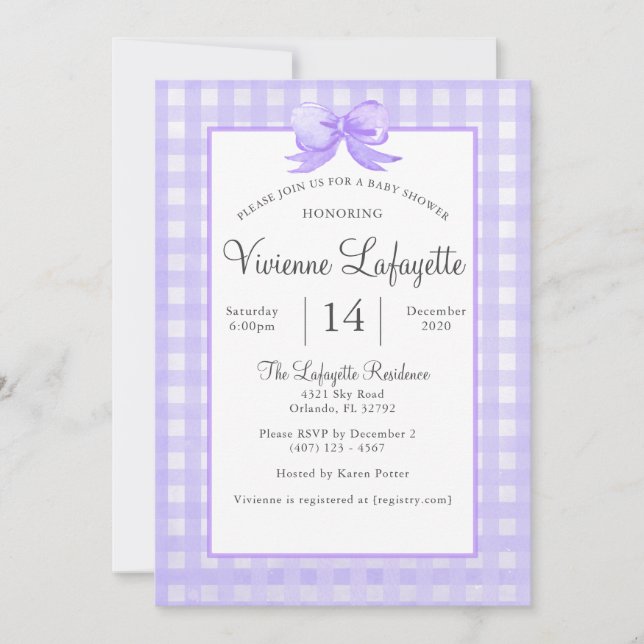 Cute Purple Gingham with Bow Baby Shower Invitation (Front)