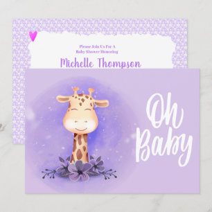 Cute Purple Giraffe Baby Shower Invitation