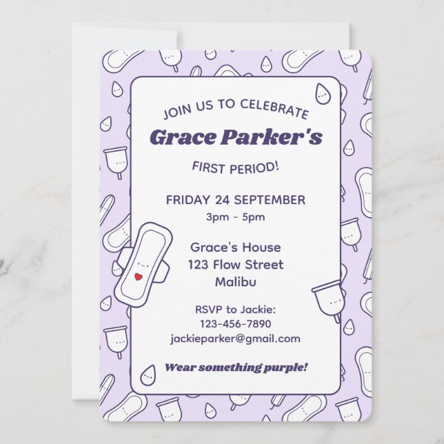 Cute Purple Girly Menstrual Pad First Period Party Invitation (Front)