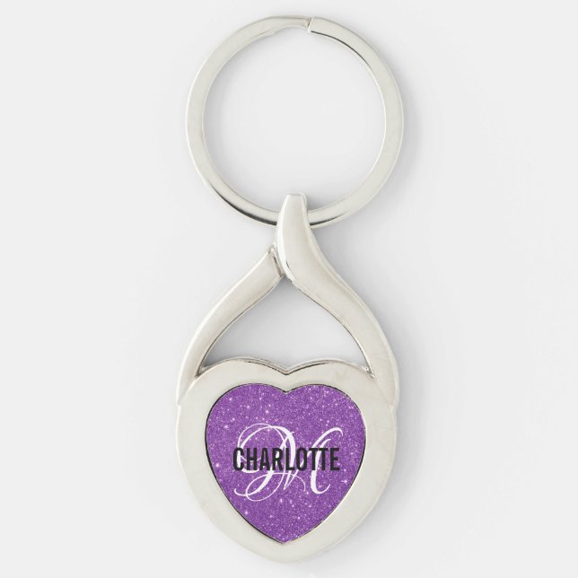 Cute purple glitter monogram name  key ring (Front)