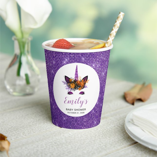 Cute Purple Glitter Unicorn Girls Fall Baby Shower Paper Cups (Insitu)