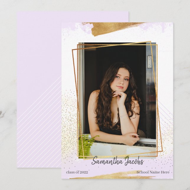 Cute Purple & Gold Framed Graduation Announcement (Front/Back)