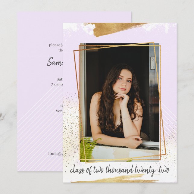 Cute Purple & Gold Framed Graduation Invitation (Front/Back)