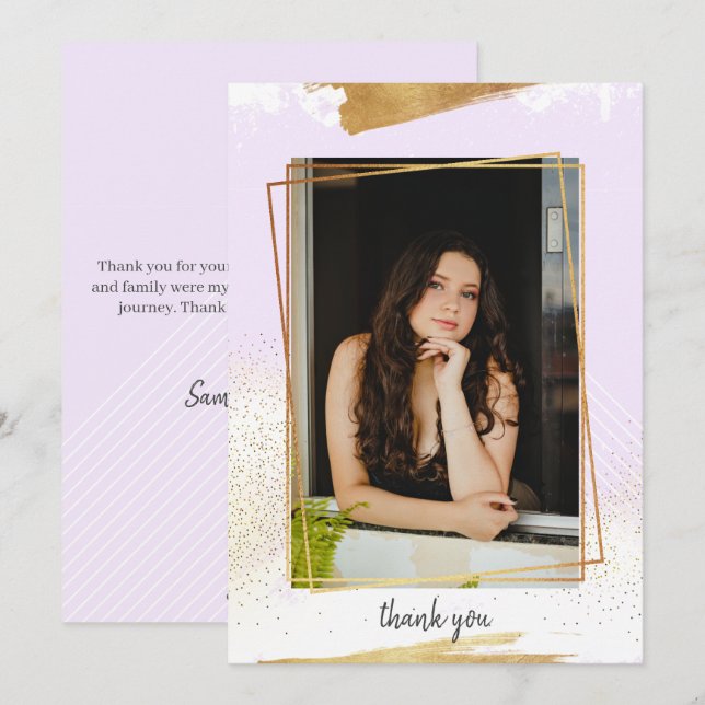 Cute Purple & Gold Framed Graduation Thank You Inv Invitation (Front/Back)