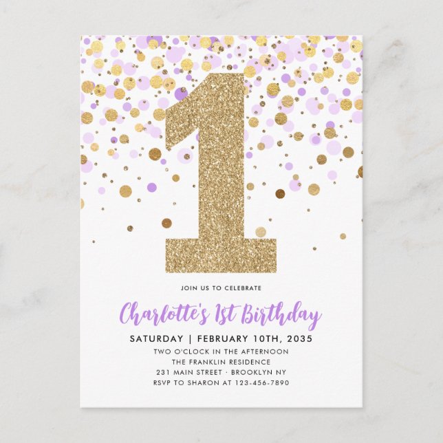 Cute Purple Gold Glitter Confetti 1st Birthday Postcard (Front)