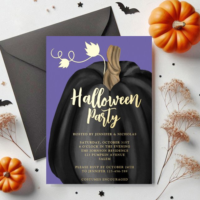 Cute Purple Gold Pumpkin Halloween Party  (Cute Purple Gold Pumpkin Halloween Party Foil Invitation)