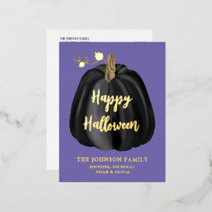 Cute Purple Gold Pumpkin Happy Halloween Foil  Holiday Postcard