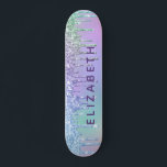 Cute Purple Green Blue Glitter Personalised Skateboard<br><div class="desc">Personalised girly skateboard featuring a purple,  blue and green faux glitter drips. Add her name in a purple typography.</div>